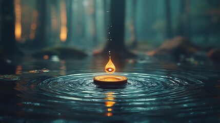 A single flame floats on water in a misty forest
