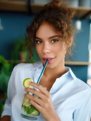 A beautiful woman in a white shirt drinking a mojito with a blue straw, a green lime on the glass. She has brown curly hair and is looking at the camera.