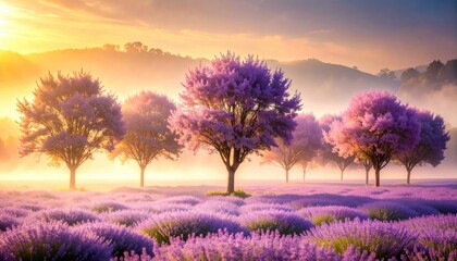 Lavender blooming sunrise scene tranquil field nature photography misty environment scenic viewpoint serene concept
