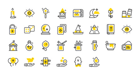 Set of Magic vector stroke icons. such as Magic Potion, Treasure Chest, Magic Cards, Hypnosis, Dices, Hand Mirror, Eye, Balloons, Flower, Ghost, Hand, Illuminati, Love Potion, Magic Ball illustration.