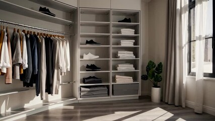 Sunlit wardrobe room transformation with modern organization and minimalist design