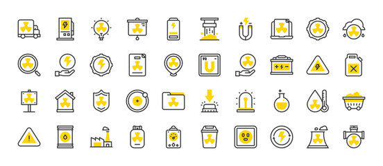 Set of Nuclear energy vector stroke icons. such as Button, Danger, Test Tube, Battery, Nuclear, Pipe, Cog, Factory, Nuclear Plant, Energy, Mining Cart, Gas Tank, Recycle Bin, Socket illustration. © Picvault