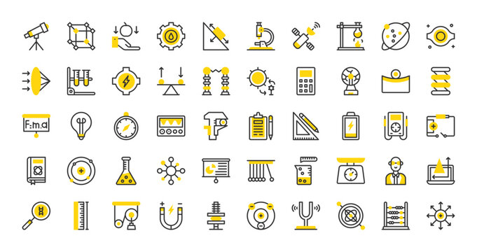 Set of Physics vector stroke icons. such as Weight Scale, Length, Negative Ion, Microscope, Mass, Caliper, Gyroscope, Telescope, Refraction, Formula, 3d Cube, Positive Ion, Spring illustration.