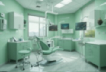 Blurred dental clinic background. Defocused interior of modern dental office. Blurred dental clinic background in green