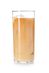 Tasty iced coffee in glass isolated on white