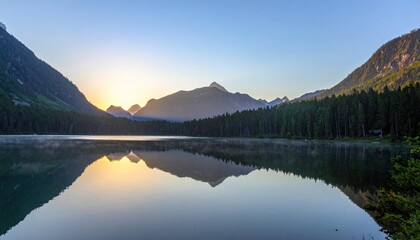 Fototapeta premium Sunrise reflections over serene lake majestic mountains nature photography calm environment scenic viewpoint tranquility concept for seo impact