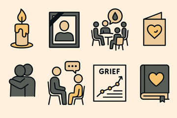 Grief support outline icons set – flat, mourning, counseling symbols