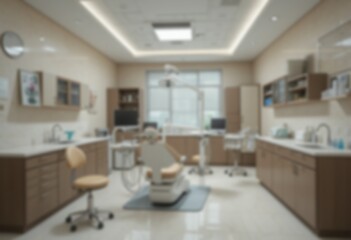 Fototapeta premium Blurred dental clinic background. Defocused interior of modern dental office. Blurred dental clinic background in beige