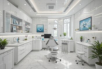 Blurred dental clinic background. Defocused interior of modern dental office. Blurred dental clinic background in white