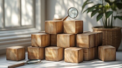 Investigation and Analysis Concept with Wooden Blocks and Magnifying Glass investigation analysis