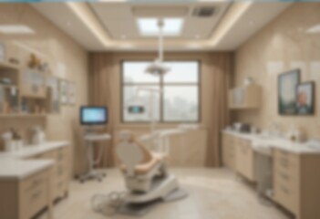 Blurred dental clinic background. Defocused interior of modern dental office. Blurred dental clinic background in beige
