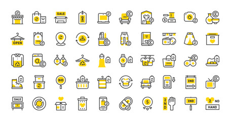Set of Second hand products vector stroke icons. such as Car, Second Hand, Low Price, Recycle, Furniture, Wool, Clothes Hanger, Donation, Flea Market, Shopping Bag, Price Tag illustration. 


