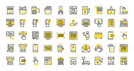 Set of Self service vector stroke icons. such as Hand, Order, Touch, Shopping Trolley, Customer Care, Help Desk, Charging Station, Grocery, Ticket, Photo, Buffet, Dispenser, Web, Check illustration.