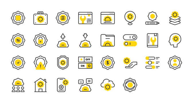 Set of Setup and settings vector stroke icons. such as Settings, Setup, Folder, Cloud Settings, Tool Box, Download, On Off illustration.