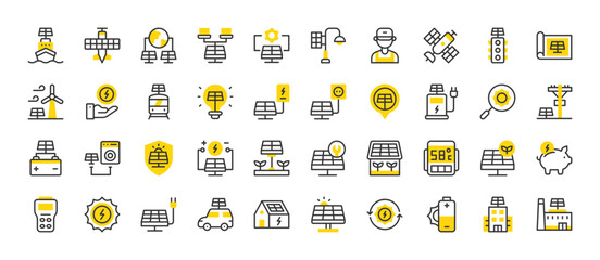 Set of Solar energy vector stroke icons. such as Repair, Windmill, Bulb, Home, Save Energy, Solar Cell, Shield, Meter, Setup, Thermometer, Battery, Renewable Energy, Sun Energy illustration. © Picvault