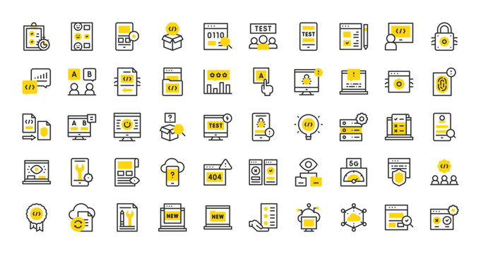 Set of Software testing vector stroke icons. such as Edge Computing, Box, New Features, Bug, Choice, Testing, Lightbulb, Cloud Computing, Test, File, Rating, Teamwork, Safe, Browser illustration.