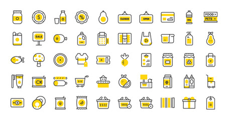 Set of Supermarket vector stroke icons. such as Dollar Bill, Chips, Jam Jar, Price Tag, Oil, Shopping Basket, Card, Coin, Pos Terminal, Avocado, Closed Sign, Soap, Pear, Radish, Sale illustration.