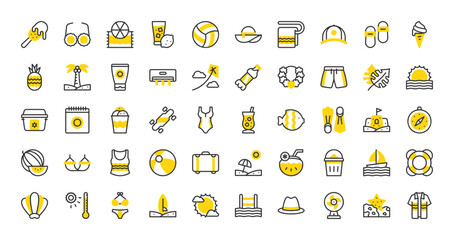 Set of Summer vector stroke icons. such as Beach Ball, Volleyball, Sand Castle, Shell, Towel, Ice Cream, Fedora Hat, Cocktail, Ice Box, Sun, Baseball Cap, Cola, Monstera, Sunglasses illustration.
