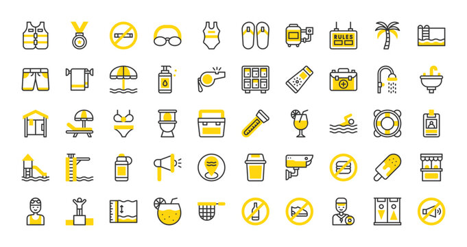 Set of Swimming pool vector stroke icons. such as Whistle, Swimmer, Rules, Pool, No Shoes, Trash Can, No Shouting, Palm Tree, Visitor Card, Megaphone, Beach Chair, Water Slide, Ticket illustration.