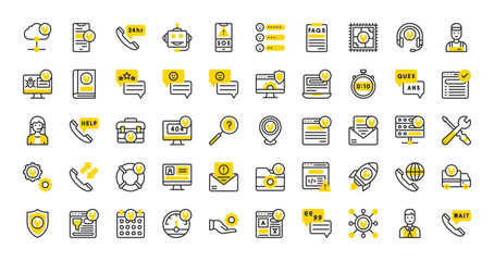 Set of Tech support vector stroke icons. such as Tools, Support, Chat Bot, Server, Virus, Network, Translate, Laptop, Mobile Service, User, Email, Browser, Waiting, Testimonial, Solved illustration.
