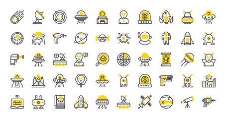 Set of Ufo and aliens vector stroke icons. such as Telescope, Abducting, Galaxy, Meteorite, Mars Rover, Ufo, Ray, Black Hole, Spaceship, Vehicle, Satellite, Mars, Space Gun, Cosmonaut illustration.  © Picvault