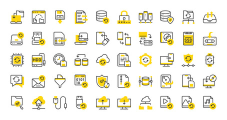Set of backup vector stroke icons. such as Cloud Sync, Data, Restore, Database, Folder, File Transfer, External Storage, Plug In, Video, Data Exchange, Sim, Database, Tape, Data, Email illustration. 