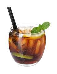 Refreshing Cuba libre cocktail with mint isolated on white
