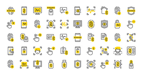 Set of Biometrics vector stroke icons. such as Information , Facial Recognition, Voice Recognition, Access, Eye Scan, Finger Scanner, Identification, Password, Barcode Scan, Facial illustration.
