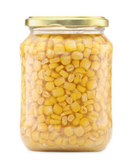 Tasty pickled corn kernels in jar isolated on white