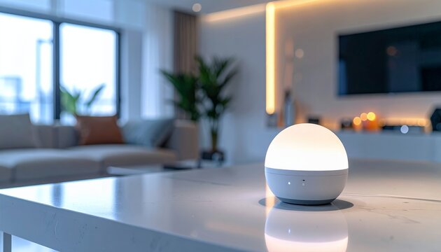 A small glowing orb lamp with indicator lights sits on a glossy white surface its warm illumination reflected with a softly blurred contemporary living room behind