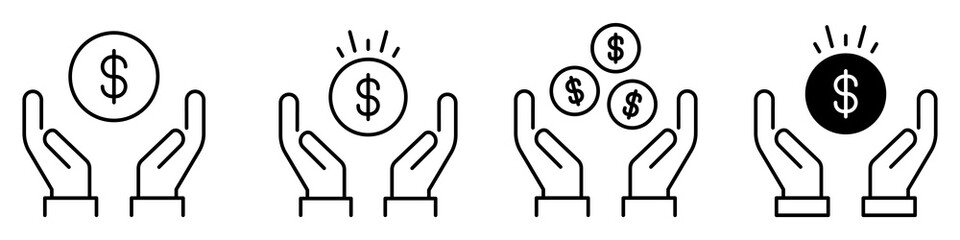Hand Holding a Dollar Icon set. Donation symbol for web design and mobile app. Save Money line logo on white background. Vector illustration.