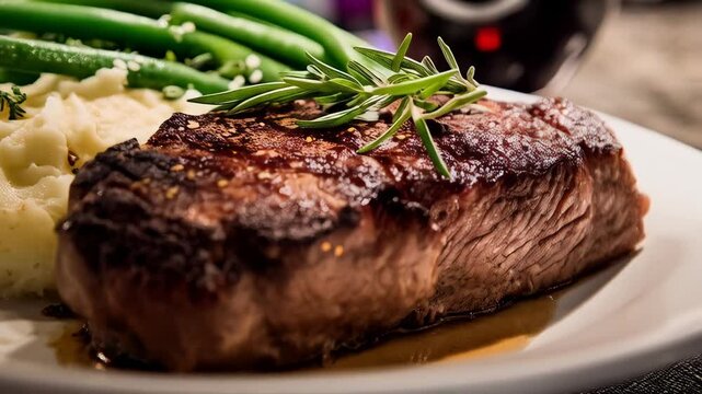 Grilled juicy steak served with mashed potatoes, green beans and rosemary garnish on a white plate, delicious looking dinner food photography