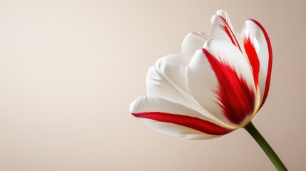 This beautiful close-up image of a red and white tulip showcases intricate petal details, presenting a stunning floral composition that symbolizes beauty and renewal in nature.