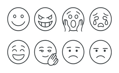 Emoticons outline icons set – expressive, linear, face emotions symbols