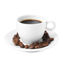 Aromatic coffee in cup and beans isolated on white
