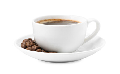 Aromatic coffee in cup, beans and saucer isolated on white