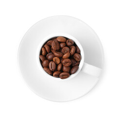 Aromatic coffee beans in cup isolated on white, top view