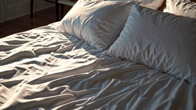 Sunlit bedroom scene with soft light dynamics across comfortably rumpled bedding