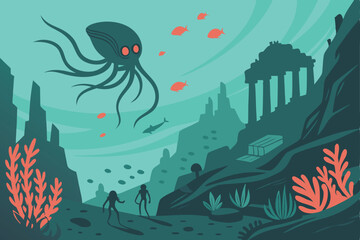 5 Underwater sci-fi landscape, alien ocean world, bioluminescent creatures, glowing red eyes, submerged ruins, ancient technology, deep sea trenches, floating rock formations, mysterious silhouettes, 