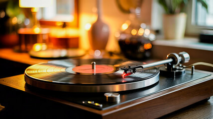 Fototapeta premium Warm-Lit Vinyl Record Player on a Wooden Table