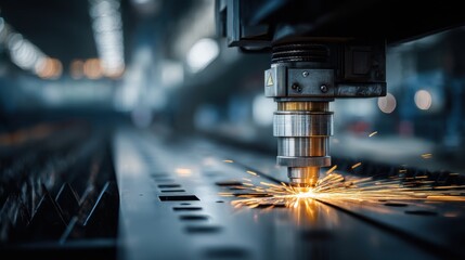 A stunning image of laser cutting machine in industrial setting showcases concept of Industry 4.0, highlighting precision and innovation in manufacturing.
