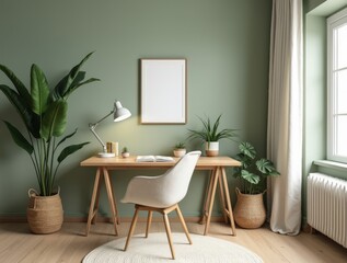 Home office with biophilic design – sage green walls, large plant in the corner, light wood furniture, linen curtains.