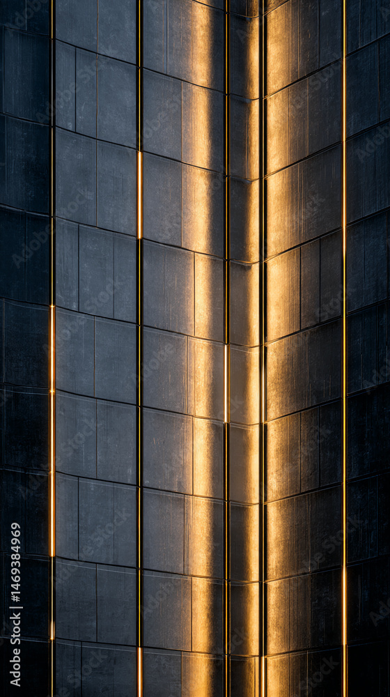 Poster dark gray tile wall texture with golden light lines, creating a modern and elegant architectural det