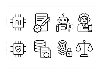 Legal and tech outline icons set – line, linear, justice and ai symbols