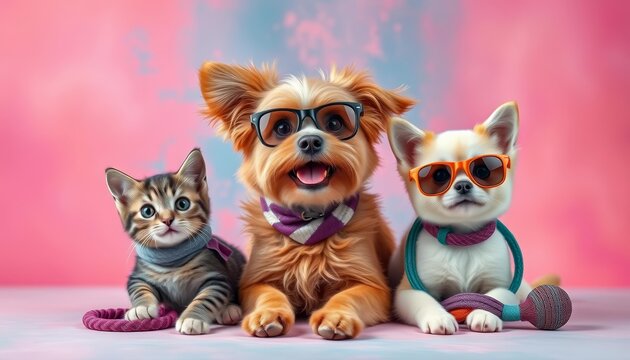 Cute cat and dog with pet accessories on vibrant background, playful pose, bowl, image
