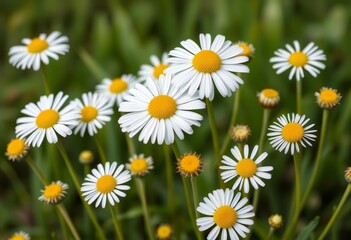 Fototapeta premium Cute round chamomile flowers in various growth stages on green background , symbol, leaves