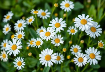 Fototapeta premium Cute round white chamomile flowers, green leaves, isolated on green background, botany, copy space