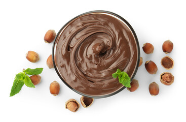 Tasty chocolate spread with mint and hazelnuts isolated on white, top view