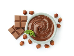 Tasty chocolate spread, pieces, mint and hazelnuts isolated on white, top view