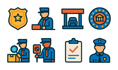 Police and security flat icons set – law, order, enforcement visual symbols